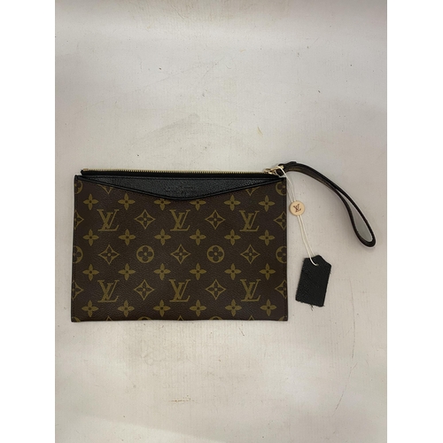 17 - A BELIEVED TO BE LOUIS VUITTON PARIS LEATHER MONOGRAM PATTERN CLUTCH BAG IN DUST COVER - NO WARRANTI... 