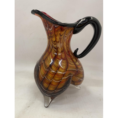 20 - AN ITALIAN MIRHO HAND BLOWN MULTICOLOURED  FOOTED ART GLASS PITCHER