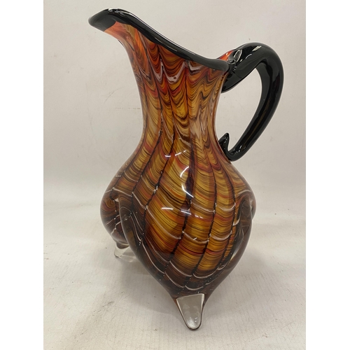 20 - AN ITALIAN MIRHO HAND BLOWN MULTICOLOURED  FOOTED ART GLASS PITCHER