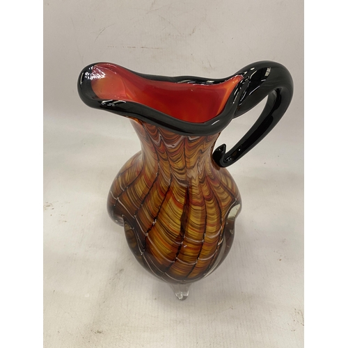 20 - AN ITALIAN MIRHO HAND BLOWN MULTICOLOURED  FOOTED ART GLASS PITCHER