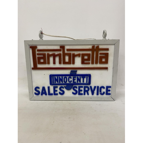 26 - A LAMBRETTA INNOCENT SALES SERVICE ILLUMINATED SIGN COMPLETE WITH HANGING BRACKETS