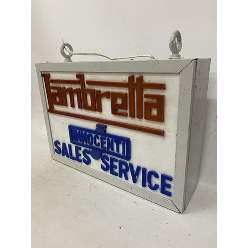 26 - A LAMBRETTA INNOCENT SALES SERVICE ILLUMINATED SIGN COMPLETE WITH HANGING BRACKETS