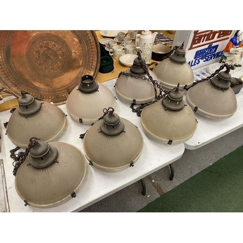 35 - A SET OF EIGHT VINTAGE HOLOPHANE LAMPS WITH METAL FITTINGS AND CHAINS, ONE A/F