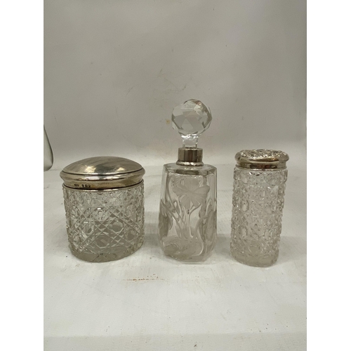 5 - THREE HALLMARKED SILVER AND GLASS ITEMS TO INCLUDE A GLASS PERFUME BOTTLE WITH A SILVER COLLAR, CUT ... 