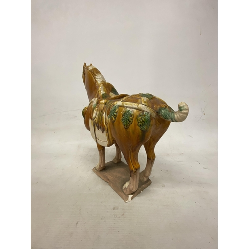 42 - A PAIR OF TANG DYNASTY DRIP GLAZE WAR HORSES - 39.5 X 38.5 CM