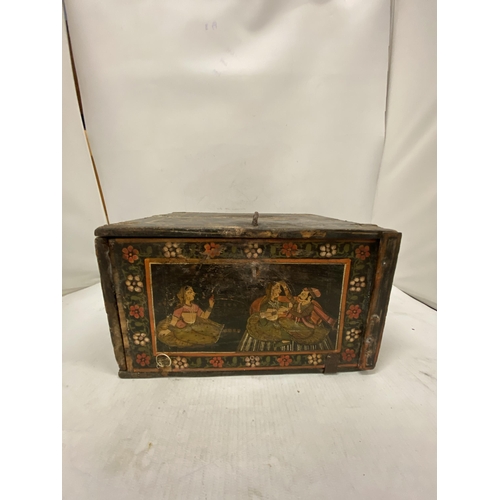 43 - AN INDIAN WOODEN SPICE CHEST IN NEED OF SOME RESTORATION - 25 X 15 CM