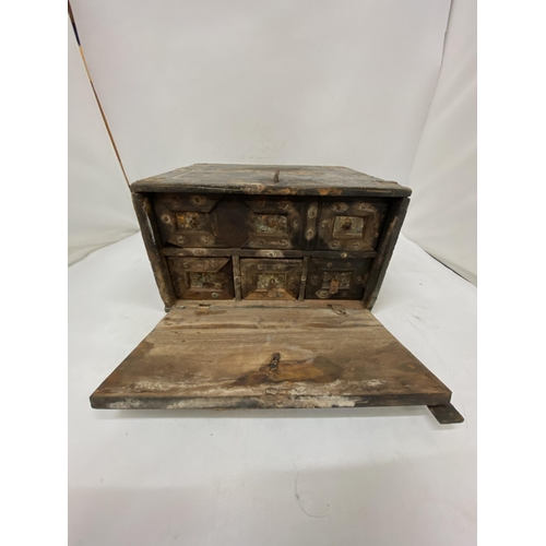 43 - AN INDIAN WOODEN SPICE CHEST IN NEED OF SOME RESTORATION - 25 X 15 CM