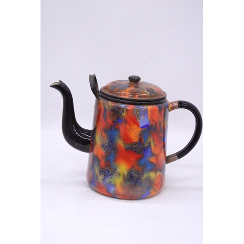 102 - A RARE VINTAGE SPLATTER COLOURED ENAMEL TEAPOT, HEIGHT 20CM