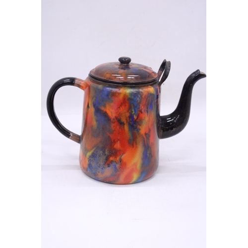 102 - A RARE VINTAGE SPLATTER COLOURED ENAMEL TEAPOT, HEIGHT 20CM