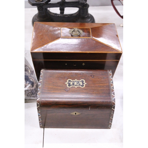 106 - TWO VINTAGE TEA CADDYS TO INCLUDE A MAHOGANY SARCOPHAGUS SHAPED ONE WITH INLAY