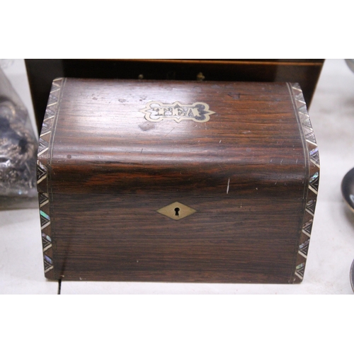 106 - TWO VINTAGE TEA CADDYS TO INCLUDE A MAHOGANY SARCOPHAGUS SHAPED ONE WITH INLAY