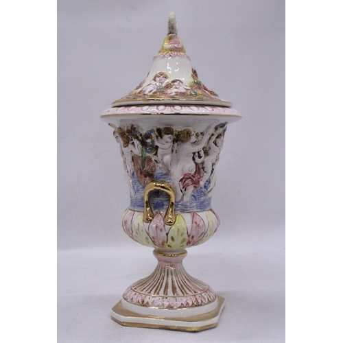 111 - A CAPODIMONTE, ITALIAN BAROQUE FOOTED VASE/URN WITH LID, HEIGHT APPROX 38CM