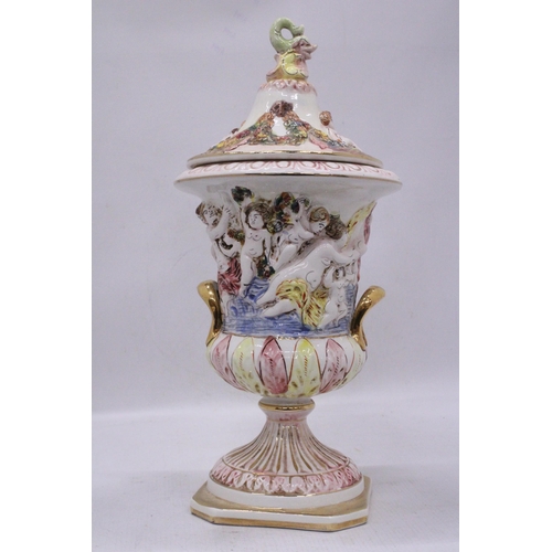 111 - A CAPODIMONTE, ITALIAN BAROQUE FOOTED VASE/URN WITH LID, HEIGHT APPROX 38CM