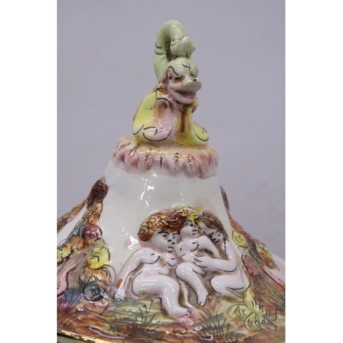 111 - A CAPODIMONTE, ITALIAN BAROQUE FOOTED VASE/URN WITH LID, HEIGHT APPROX 38CM