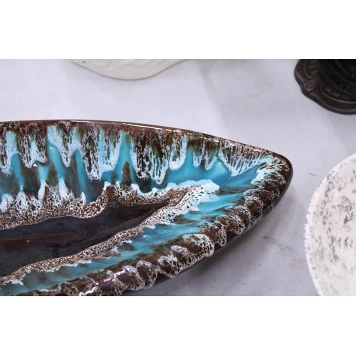 120 - A LARGE VALLAURIS STUDIO POTTERY BOWL IN AQUAMARINE AND BROWN, 65CM X 23CM