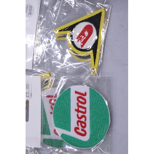 126 - TWENTY SEW ON MOTORING THEMED BADGES TO INCLUDE CASTROL, BP AND DUNLOP - ALL AS NEW IN PACKETS