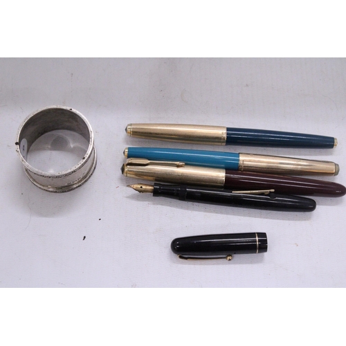 135 - FOUR PENS TO INCLUDE A FOUNTAIN PEN WITH 14CT NIB AND THREE CARTRIDGE PENS PLUS A HALLMARKED BIRMING... 