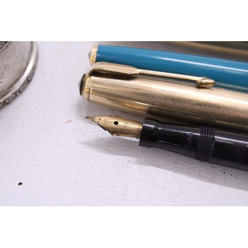 135 - FOUR PENS TO INCLUDE A FOUNTAIN PEN WITH 14CT NIB AND THREE CARTRIDGE PENS PLUS A HALLMARKED BIRMING... 