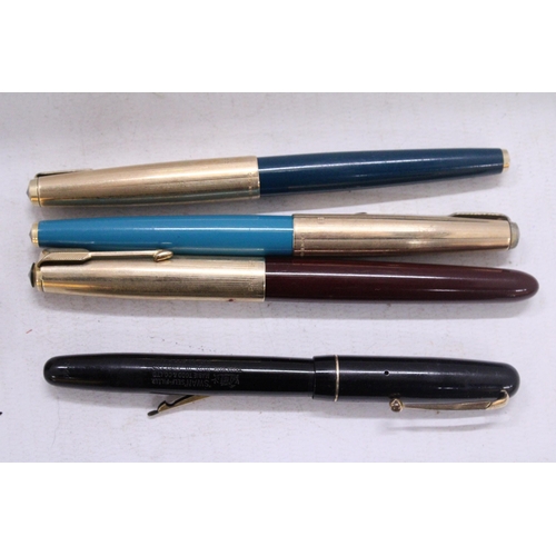 135 - FOUR PENS TO INCLUDE A FOUNTAIN PEN WITH 14CT NIB AND THREE CARTRIDGE PENS PLUS A HALLMARKED BIRMING... 