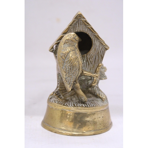 136 - A HEAVY VINTAGE BRASS BIRD AND BIRD HOUSE ORNAMENT