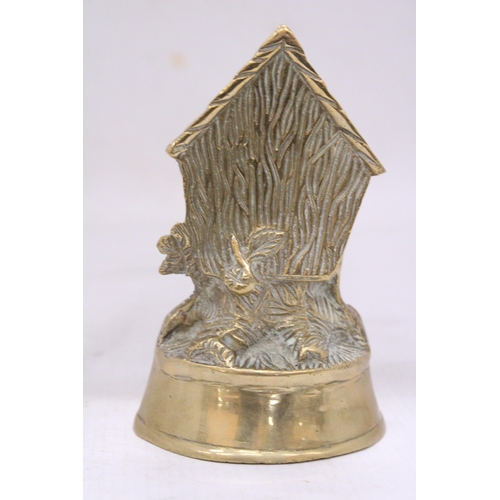 136 - A HEAVY VINTAGE BRASS BIRD AND BIRD HOUSE ORNAMENT