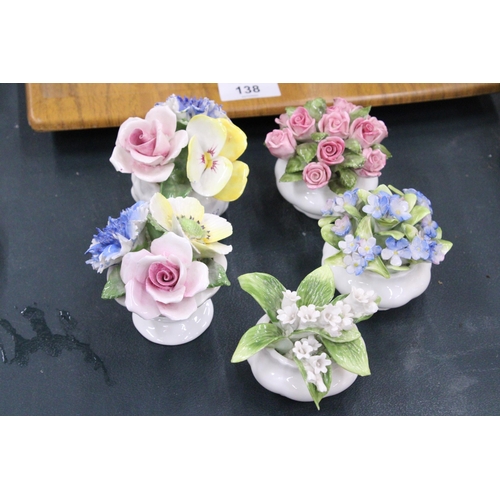 139 - FIVE CERAMIC FLORAL POSIES TO INCLUDE THREE ROYAL ALBERT AND TWO RADNOR