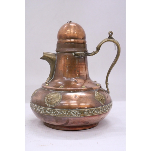 144 - A VINTAGE COPPER JUG WITH BRASS SPOUT, HANDLE, ETC