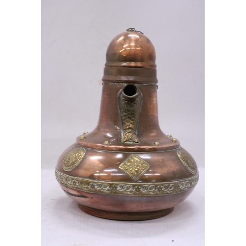 144 - A VINTAGE COPPER JUG WITH BRASS SPOUT, HANDLE, ETC