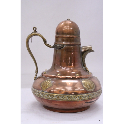 144 - A VINTAGE COPPER JUG WITH BRASS SPOUT, HANDLE, ETC