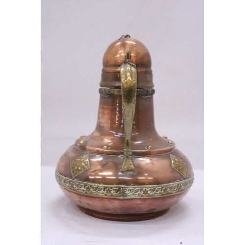 144 - A VINTAGE COPPER JUG WITH BRASS SPOUT, HANDLE, ETC