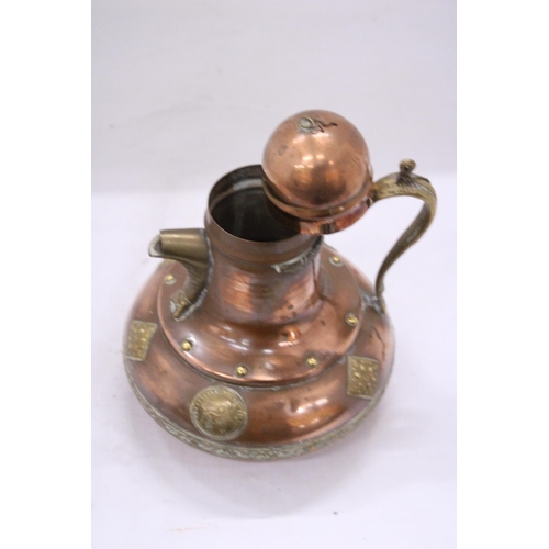 144 - A VINTAGE COPPER JUG WITH BRASS SPOUT, HANDLE, ETC