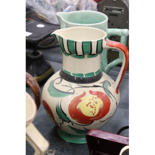 146 - A COLLECTION OF FIVE ART DECO STYLE JUGS TO INCLUDE ARTHUR WOOD, CORONA WARE, MYOTT AND SON, ETC