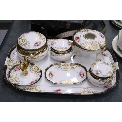 155 - A VINTAGE NORITAKE DRESSING TABLE SET TO INCLUDE A TRAY, RING HOLDER - A/F, AND POTS - 7 PIECES IN T... 