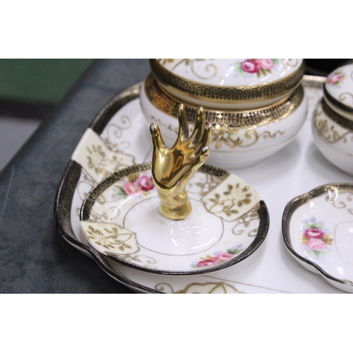 155 - A VINTAGE NORITAKE DRESSING TABLE SET TO INCLUDE A TRAY, RING HOLDER - A/F, AND POTS - 7 PIECES IN T... 