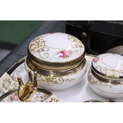 155 - A VINTAGE NORITAKE DRESSING TABLE SET TO INCLUDE A TRAY, RING HOLDER - A/F, AND POTS - 7 PIECES IN T... 