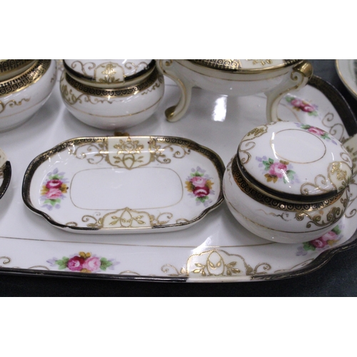 155 - A VINTAGE NORITAKE DRESSING TABLE SET TO INCLUDE A TRAY, RING HOLDER - A/F, AND POTS - 7 PIECES IN T... 