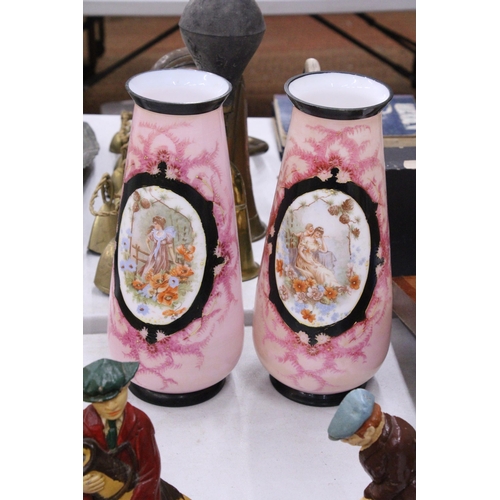 163 - A PAIR OF FRENCH STYLE OPALINE HANDPAINTED VASES WITH TRANSFERS OF FAIR MAIDENS - 33 CM