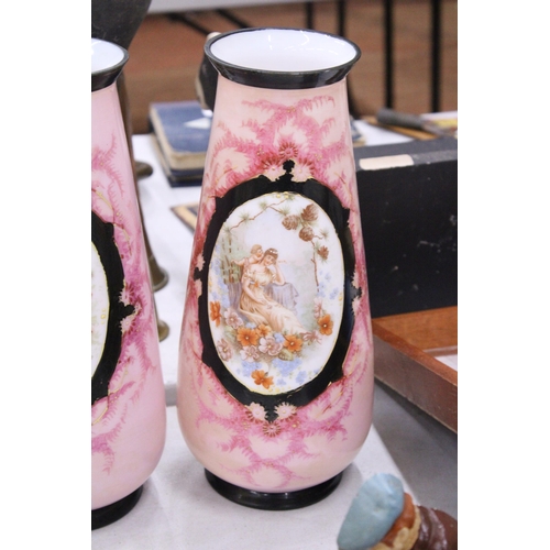 163 - A PAIR OF FRENCH STYLE OPALINE HANDPAINTED VASES WITH TRANSFERS OF FAIR MAIDENS - 33 CM