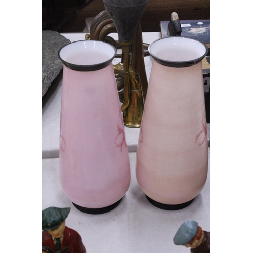 163 - A PAIR OF FRENCH STYLE OPALINE HANDPAINTED VASES WITH TRANSFERS OF FAIR MAIDENS - 33 CM