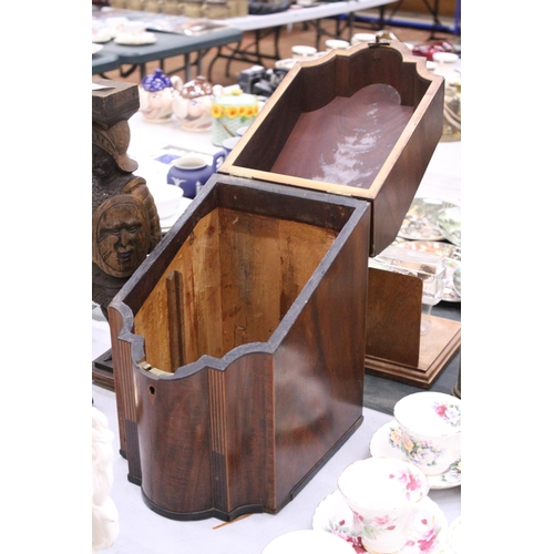 185 - A MAHOGANY SERPENTINE FRONTED KNIFE CUTLERY BOX CHEST