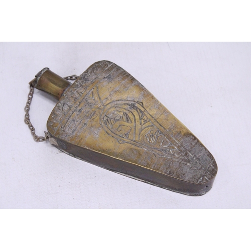 188 - A COPPER AND BRASS POWDER FLASK