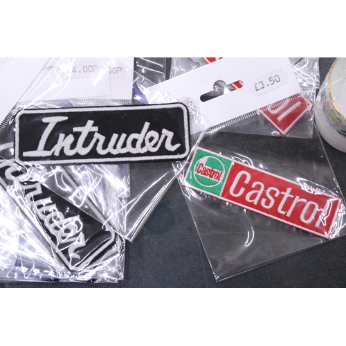 197 - TWENTY SEW ON MOTORING THEMED BADGES TO INCLUDE CASTROL, SUZUKI AND ROYAL ENFIELD - ALL AS NEW IN PA... 