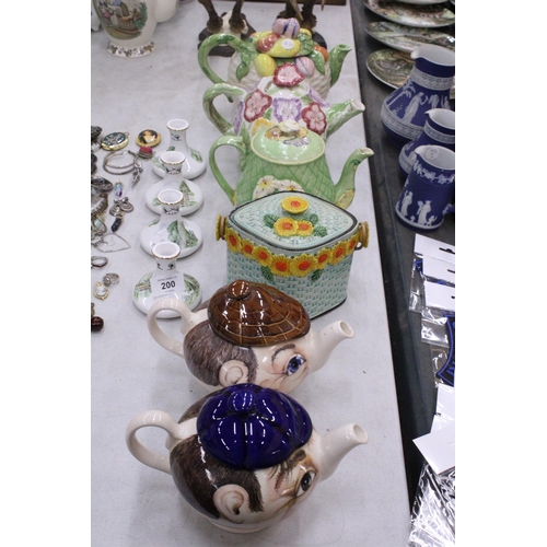 199 - FIVE COLLECTABLE TEAPOTS TO INCLUDE TWO SADLER 'BURSLEY FOLK', ETC PLUS A STORAGE CANNISTER