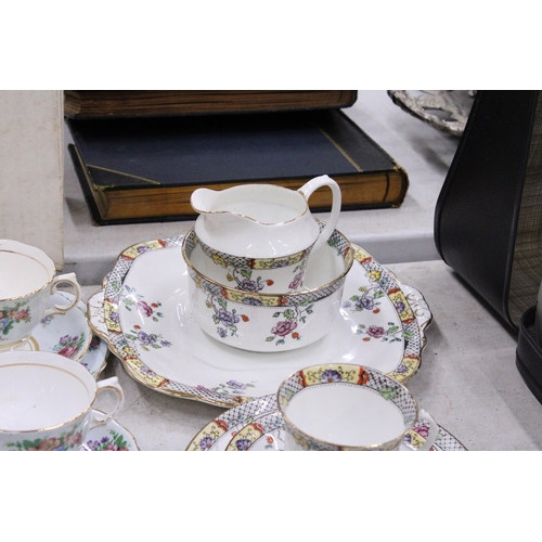 213 - A QUANTITY OF VINTAGE COLCLOUGH AND SUTHERLAND CHINA CUPS, SAUCERS, SIDE PLATES, A CAKE PLATE, CREAM... 