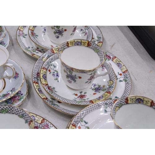 213 - A QUANTITY OF VINTAGE COLCLOUGH AND SUTHERLAND CHINA CUPS, SAUCERS, SIDE PLATES, A CAKE PLATE, CREAM... 