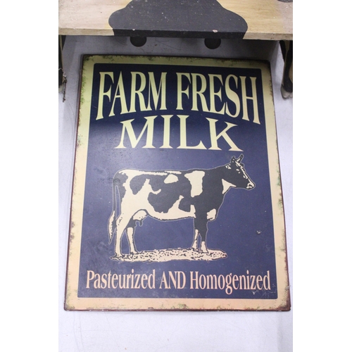 217 - A WOODEN SHELF IN THE SHAPE OF A COW PLUS A 'FARM FRESH MILK' SIGN