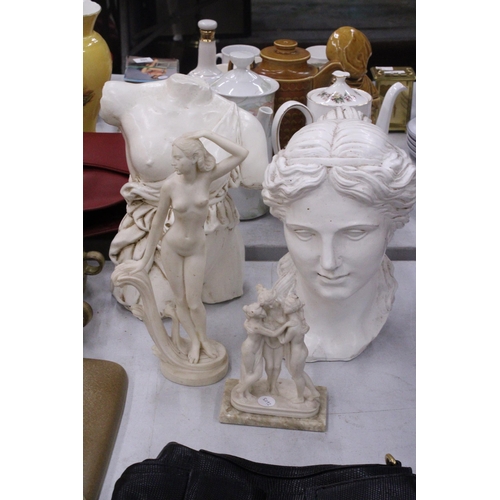 241 - FOUR SCULPTURES TO INCLUDE A BUST OF A LADY, CLASSICAL FEMALE TORSO, ETC