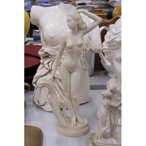 241 - FOUR SCULPTURES TO INCLUDE A BUST OF A LADY, CLASSICAL FEMALE TORSO, ETC