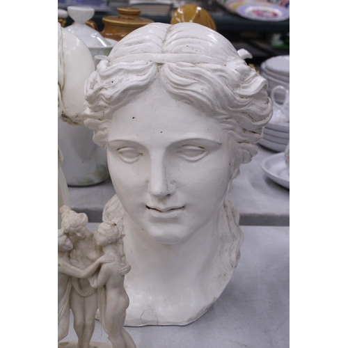 241 - FOUR SCULPTURES TO INCLUDE A BUST OF A LADY, CLASSICAL FEMALE TORSO, ETC