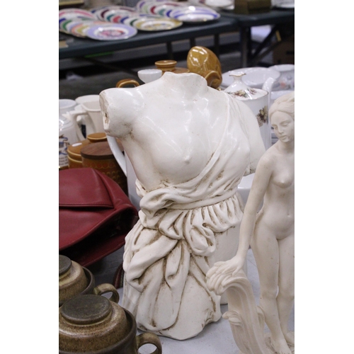 241 - FOUR SCULPTURES TO INCLUDE A BUST OF A LADY, CLASSICAL FEMALE TORSO, ETC